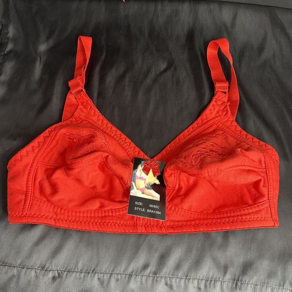 Red Bra 28C No Underwire Soft Comfortable Fit With Embroidered Floral Grapes - Picture 1 of 10